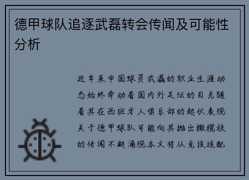 德甲球队追逐武磊转会传闻及可能性分析